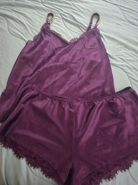 Silky Lace-Trim Cami & Short Set - Plum